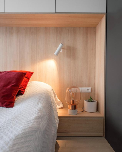 臥室設(shè)計(jì)說明圖：裝修，臥室床頭柜設(shè)計(jì)，燈光搭配有氛圍感