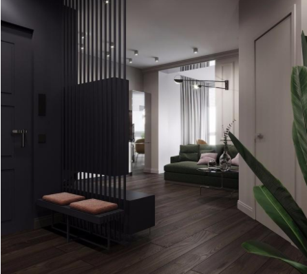 客廳電視墻裝修：玄關(guān)木格柵兼做電視墻，臥室墻體斜砌更通暢